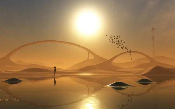 HD desktop wallpaper of a serene fantasy landscape, featuring smooth, flowing sand structures under a large sun with reflections on water and a lone figure walking.