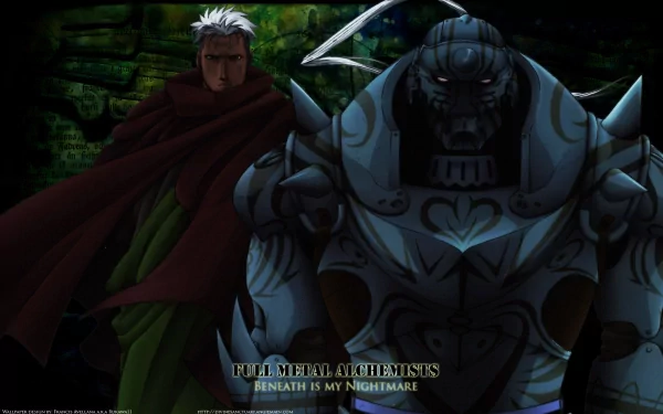HD PC desktop wallpaper featuring Alphonse Elric and Scar from the anime Fullmetal Alchemist in a dark, intense scene.