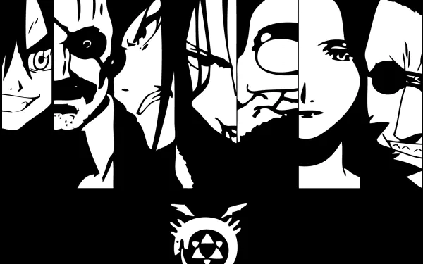Black and white HD PC desktop wallpaper featuring close-up faces of Fullmetal Alchemist anime characters with the iconic alchemy symbol below.
