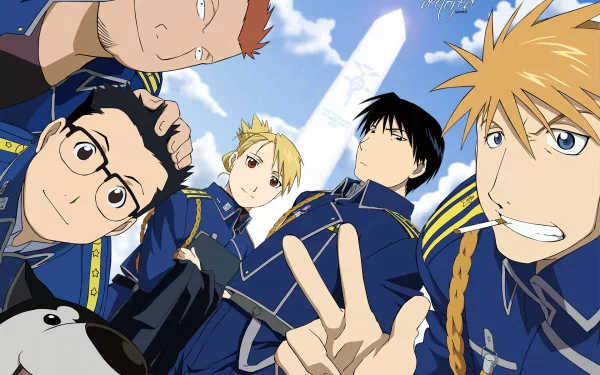 A vibrant HD wallpaper featuring characters Kain Fuery, Riza Hawkeye, Roy Mustang, Heymans Breda, Vato Falman, and Jean Havoc from the anime Fullmetal Alchemist.