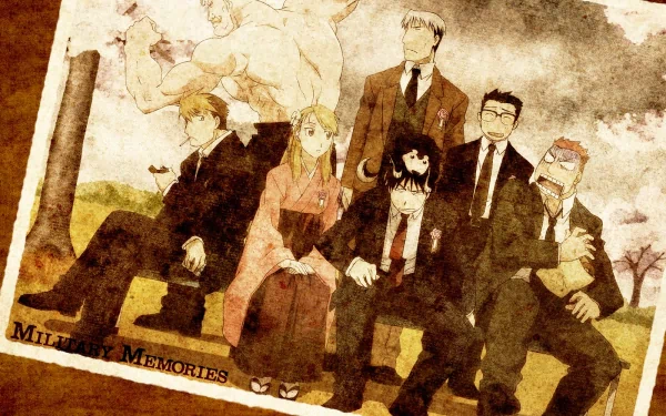 A nostalgic scene from Fullmetal Alchemist features Jean Havoc, Kain Fuery, Heymans Breda, Alex Louis Armstrong, Roy Mustang, and Riza Hawkeye, captured in an artistic, vintage-style wallpaper.