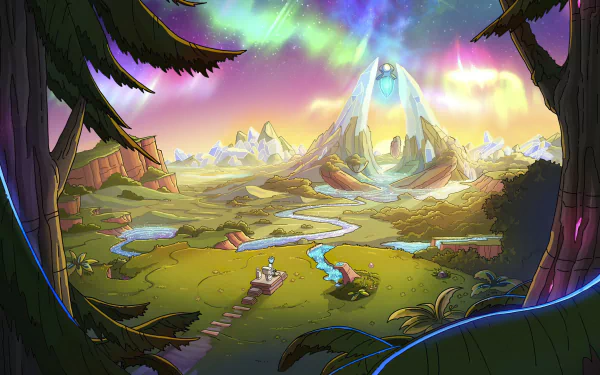 HD PC desktop wallpaper featuring a vibrant alien landscape from the TV show Rick and Morty, with colorful skies and futuristic elements.