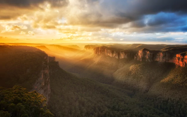 nature cliff sunbeam canyon Australia mountain sunset Blue Mountains HD Desktop Wallpaper | Background Image