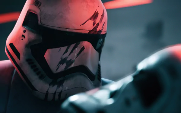 Close-up of a battle-worn stormtrooper helmet in a dramatic sci-fi scene, rendered in 4K Ultra HD for a striking Star Wars PC desktop wallpaper.
