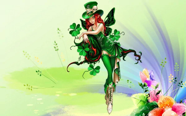 A vibrant HD wallpaper for St. Patrick's Day featuring a whimsical fairy in green, adorned with clovers, set against a colorful floral background.