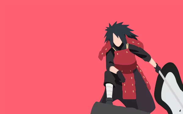 Minimalist 4K Ultra HD wallpaper of Madara Uchiha from Naruto Shippuden: Ultimate Ninja Storm 4, featuring the warrior with black hair in stylized anime form against a pink background.