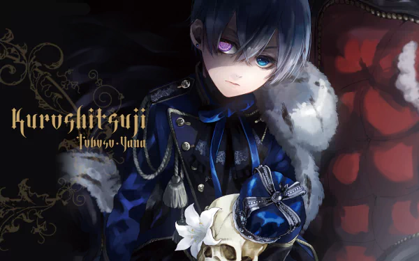 HD desktop wallpaper of Ciel Phantomhive from the anime Black Butler — brooding portrait in blue-black attire with heterochromatic eyes, holding a skull and white lily on a dark ornate background.