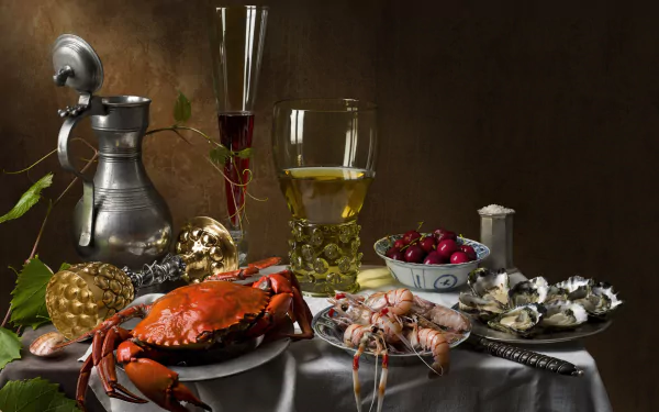 oyster shrimp crab glass wine cherry food still life HD Desktop Wallpaper | Background Image