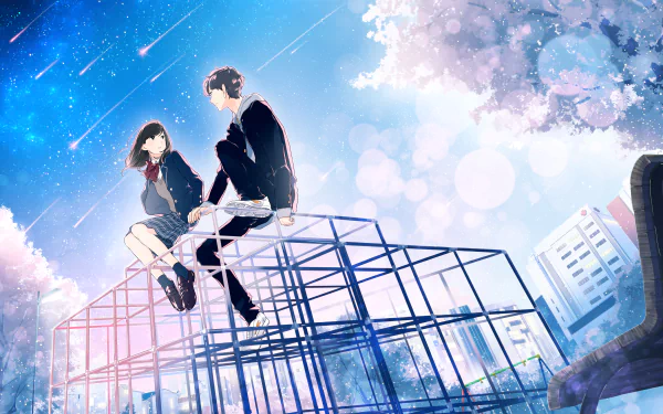 Anime couple sitting on a geometric structure under a vibrant sky with falling petals, depicted in 4K Ultra HD for a PC desktop wallpaper background.