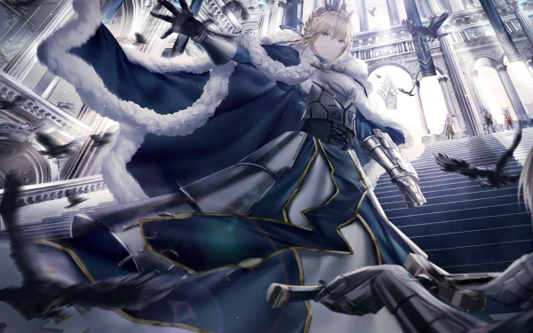 HD desktop wallpaper featuring Saber from Fate/Grand Order in a dynamic pose with swirling capes and flying ravens, set against a grand architectural backdrop.