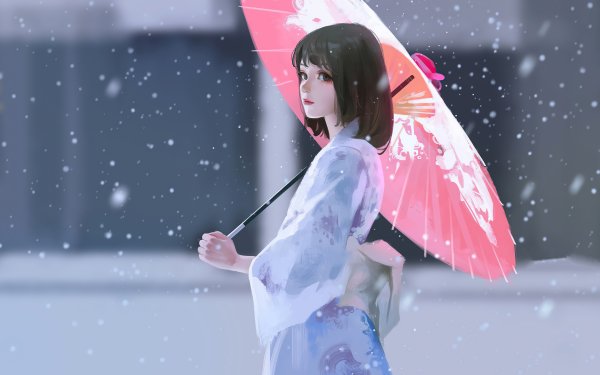 Fantasy Women Asian Umbrella Kimono Black Hair Short Hair Winter HD Wallpaper | Background Image