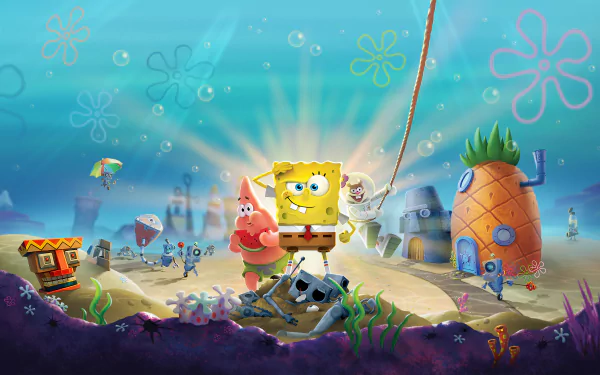 4K Ultra HD wallpaper featuring SpongeBob SquarePants and Patrick Star from the video game SpongeBob SquarePants: Battle for Bikini Bottom in an underwater Bikini Bottom scene.