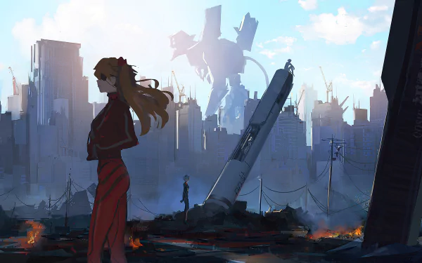 HD wallpaper featuring Asuka Langley Sohryu with an eye patch amid a post-apocalyptic cityscape, with an Evangelion unit in the background. From Evangelion: 3.0 You Can (Not) Redo, part of the Neon Genesis Evangelion series.