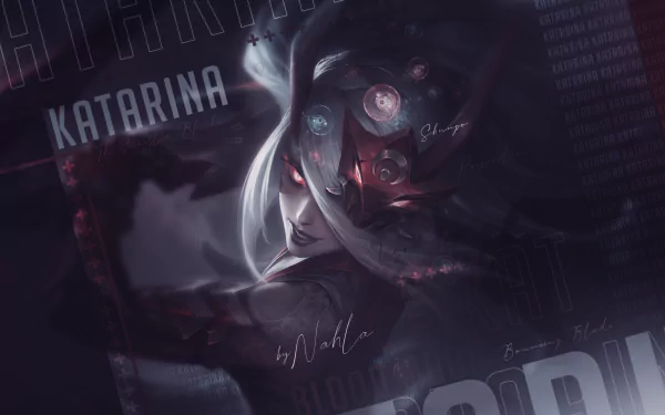 4K Ultra HD PC desktop wallpaper featuring Katarina from League of Legends in a dark, stylized composition with glowing accents and dynamic text elements.