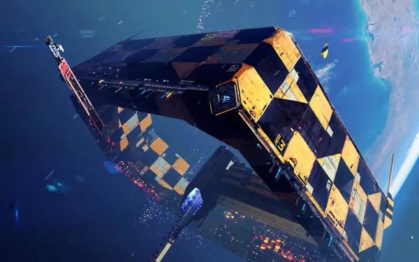 HD wallpaper of a spaceship from Hardspace: Shipbreaker, floating in orbit with Earth in the background.