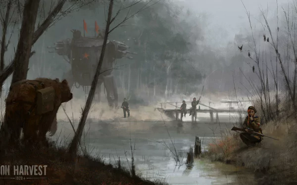 HD desktop wallpaper featuring an Iron Harvest scene with mechs and soldiers in a misty woodland landscape.