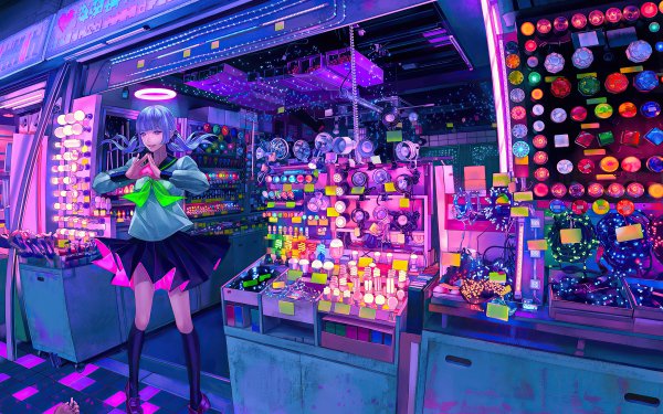 Anime Shop Blue Hair Skirt School Uniform HD Wallpaper | Background Image
