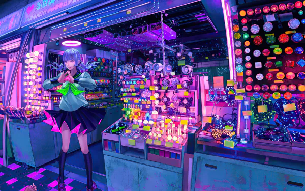 Anime-style 4K Ultra HD wallpaper featuring a blue-haired girl in a school uniform skirt standing in a vibrant, neon-lit shop filled with colorful items.