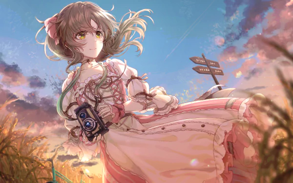 yellow eyes brown hair camera dress Aiko Takamori Anime The iDOLM@STER Cinderella Girls HD Desktop Wallpaper | Background Image