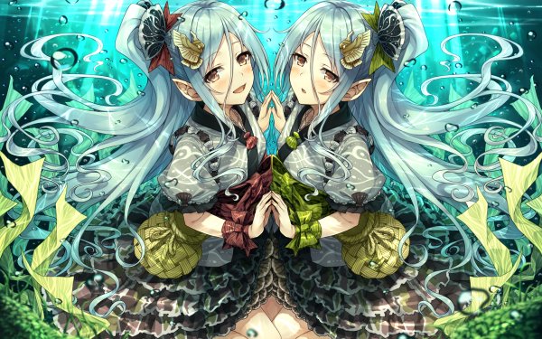 Anime Original Dress Underwater Pointed Ears White Hair Long Hair Brown Eyes HD Wallpaper | Background Image