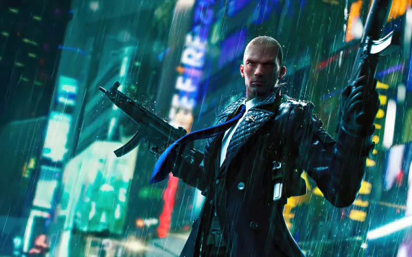 4K Ultra HD PC wallpaper featuring a character from Garena Free Fire, standing confidently in a rain-soaked, neon-lit cityscape with weapons in both hands.
