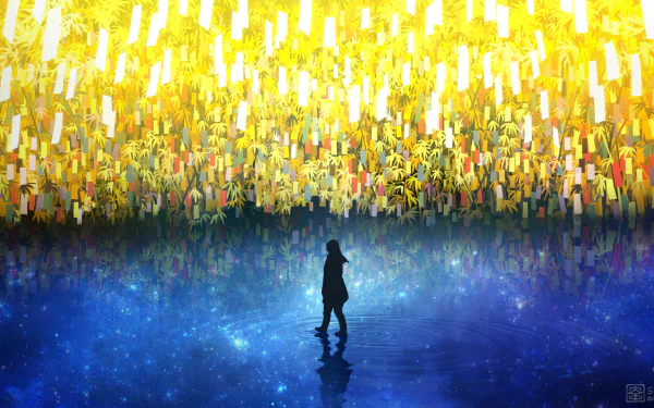 Anime-style night scene of a person standing by a lake with glowing Tanabata festival wishes reflecting on the water, creating a magical HD desktop wallpaper background.