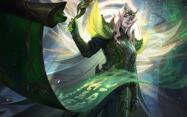 HD PC desktop wallpaper featuring a powerful character from Mobile Legends: Bang Bang, showcasing vibrant green and gold armor with magical effects.