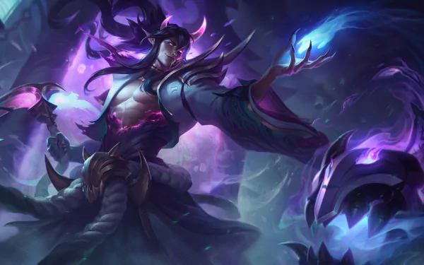 HD desktop wallpaper featuring Thresh from the video game League of Legends, depicting the character wielding spectral energy in a dark, mystical setting.