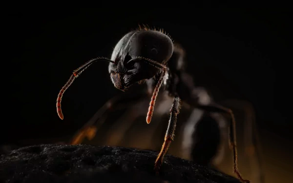 Macro close-up of an ant on a dark surface, captured in 4K Ultra HD resolution, highlighting intricate details of this insect and animal for a PC desktop wallpaper.