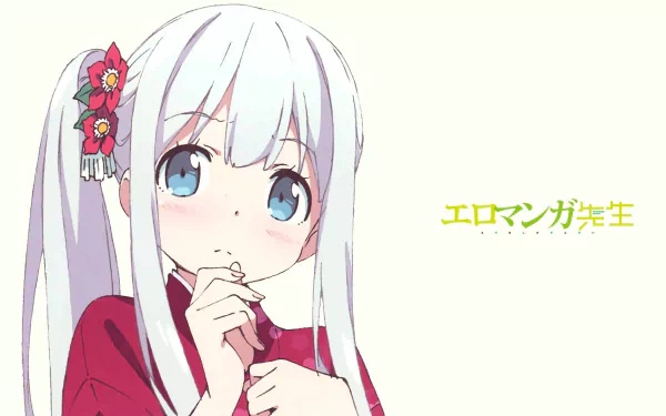HD anime desktop wallpaper featuring Sagiri Izumi from EroManga-Sensei with a light background and Japanese text beside her.