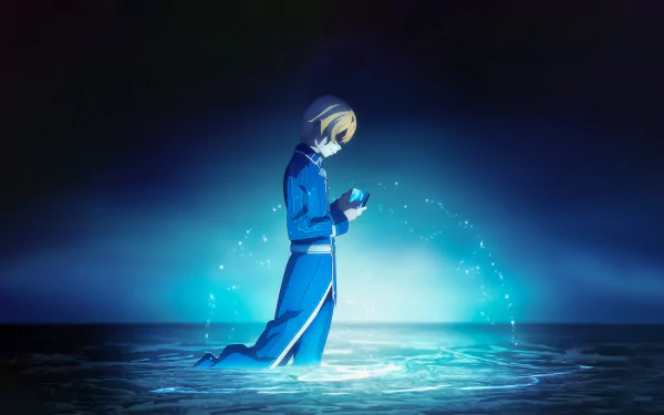 HD desktop wallpaper of Eugeo from Sword Art Online: Alicization. The blonde anime character stands in water, illuminated by a mystical blue light, with a serene and contemplative expression.