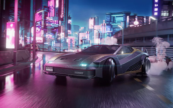 A sleek futuristic car speeds through a neon-lit cyberpunk cityscape at night, inspired by Cyberpunk 2077, rendered in 4K Ultra HD for PC desktop gaming wallpaper.