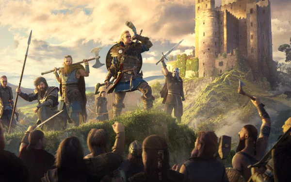 8K Ultra HD Assassin's Creed Valhalla scene depicting Viking warriors rallying beside a towering castle under a dramatic sky, designed for PC desktop wallpaper and background.