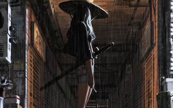 A samurai wearing an Asian conical hat stands in the rain, gripping a katana in a dark, narrow alleyway under moody lighting.