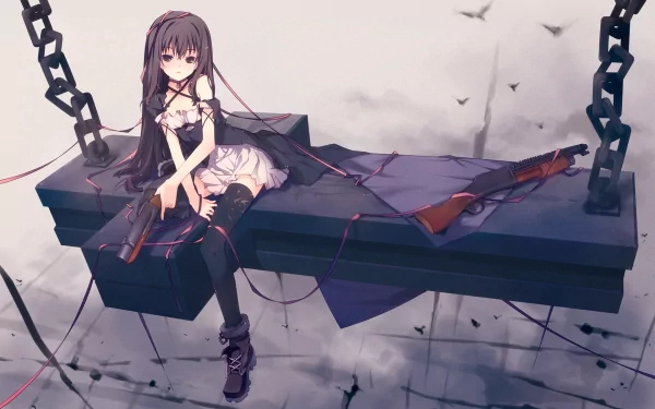 HD anime desktop wallpaper featuring a girl in a dark dress sitting on a suspended platform, holding a shotgun, with chains and birds in a muted background.