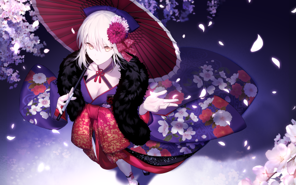 Anime Fate/Grand Order Fate Series Saber Alter Umbrella Kimono White Hair Blossom HD Wallpaper | Background Image