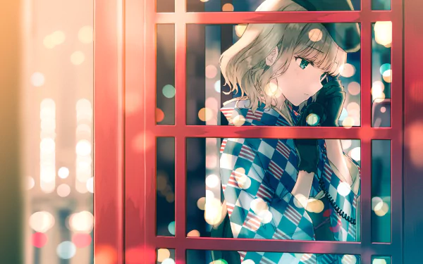 Anime-style artwork of a girl in a traditional outfit inside a red phone box, featured as an HD PC desktop wallpaper background.