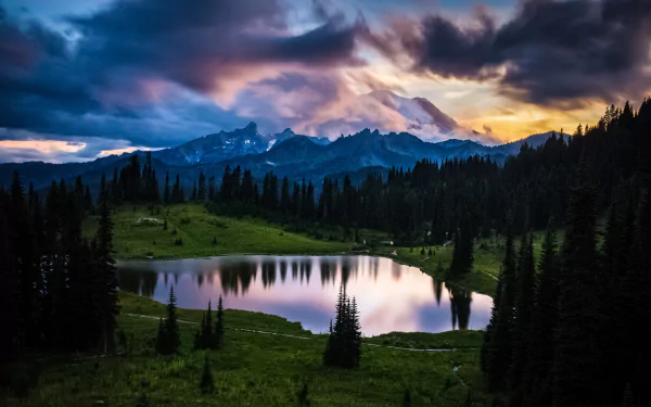 lake cloud mountain forest nature Mount Rainier HD Desktop Wallpaper | Background Image