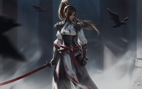 Fantasy Women Warrior Woman Warrior Sword Brown Hair Ponytail Blood HD Wallpaper | Background Image