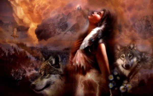 Artistic HD wallpaper featuring a Native American maiden surrounded by spirit animals, including a wolf and an eagle, with vibrant fiery elements in the background.