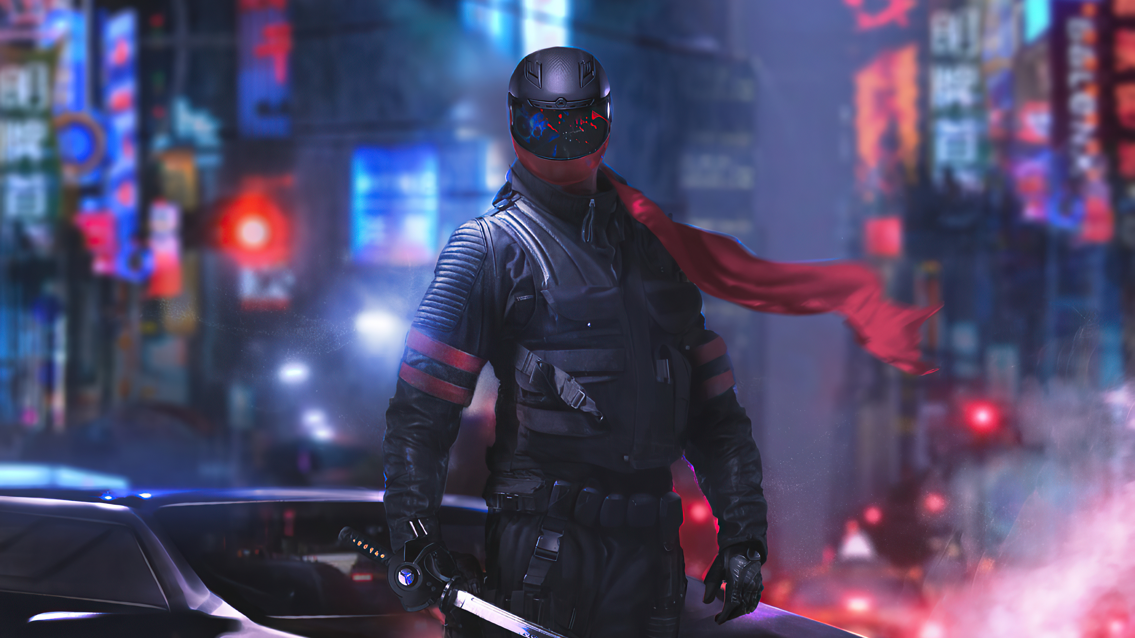 Warrior Girl in Cyberpunk City, HD wallpaper