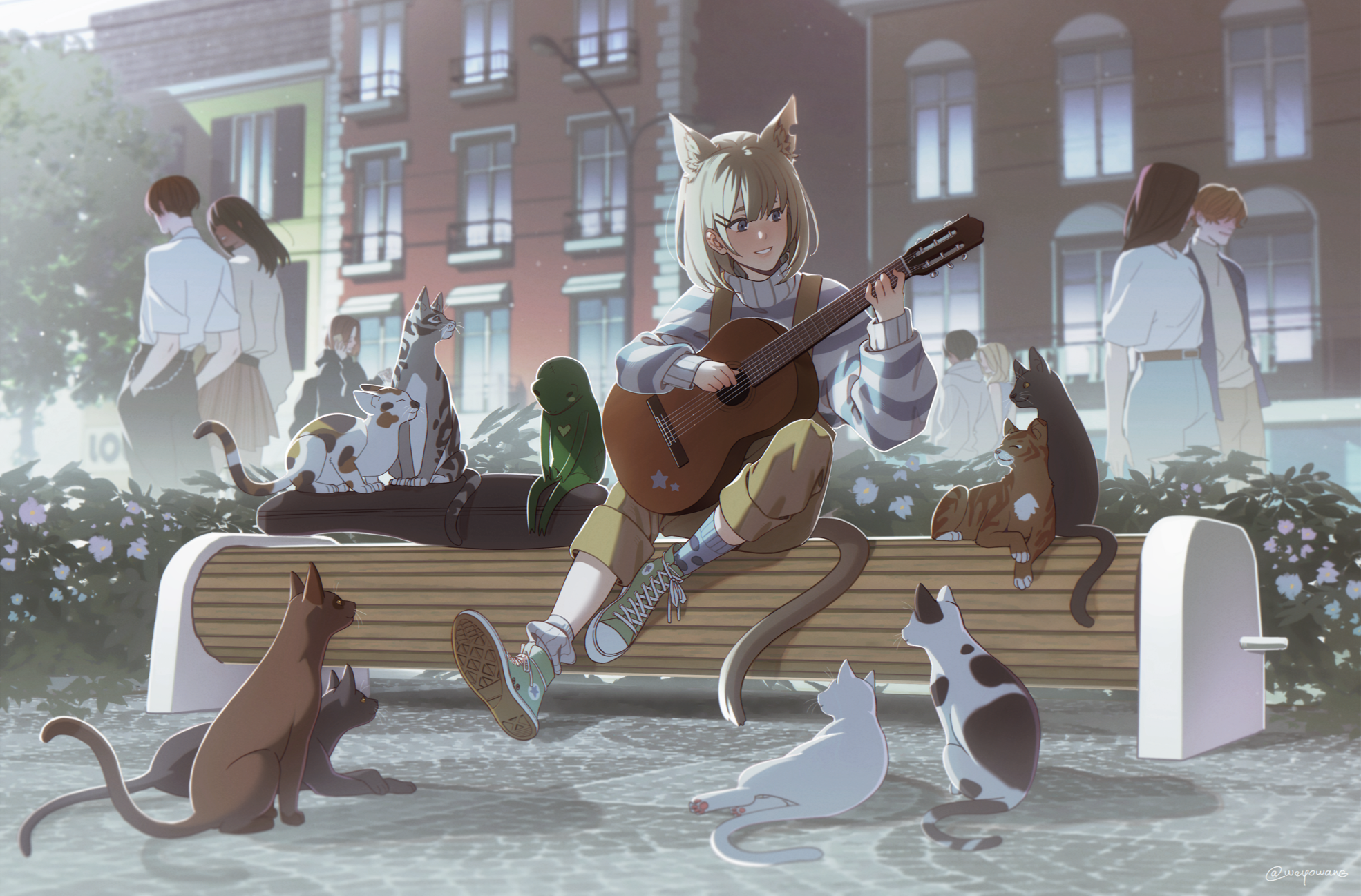 Cat Girl Playing The Guitar With Her Cat Friends by weyowang