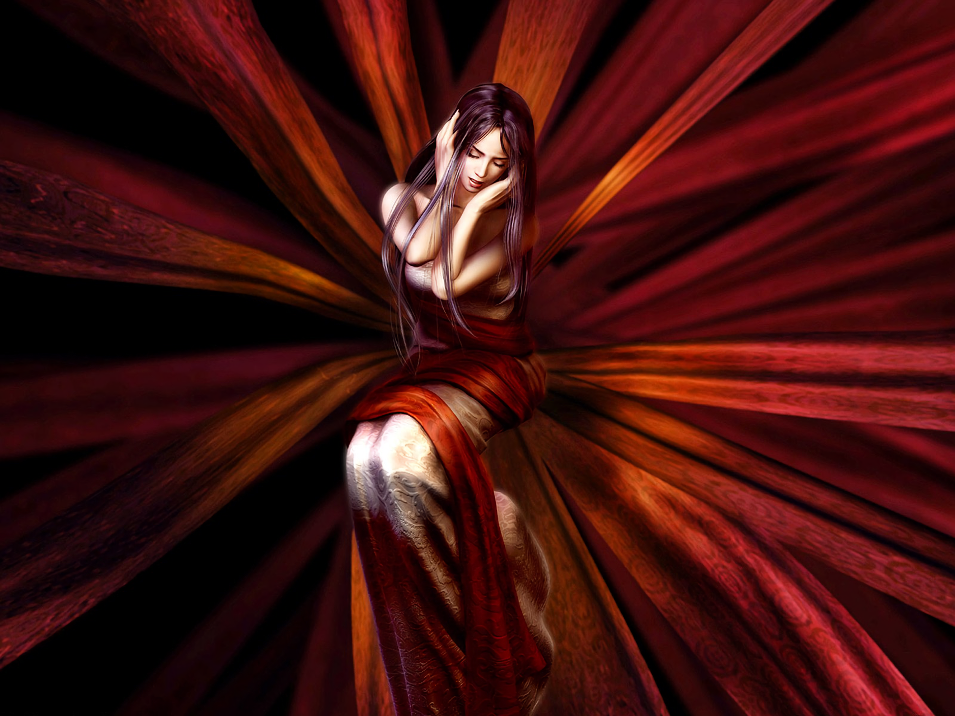 A fantasy-inspired HD wallpaper featuring a woman draped in flowing red fabrics, set against a dynamic background of swirling colors, creating an enchanting visual experience.