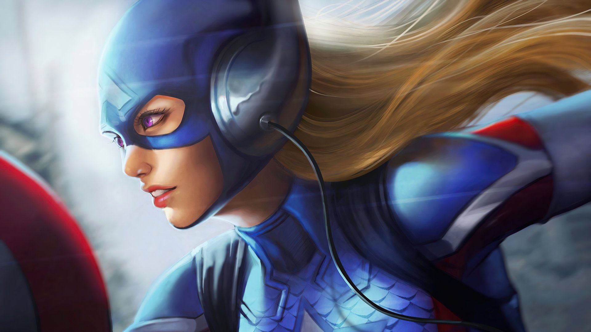 A genderbend Captain America with blonde hair and striking purple eyes, rendered in vibrant 4K Ultra HD comic style for PC desktop wallpaper.