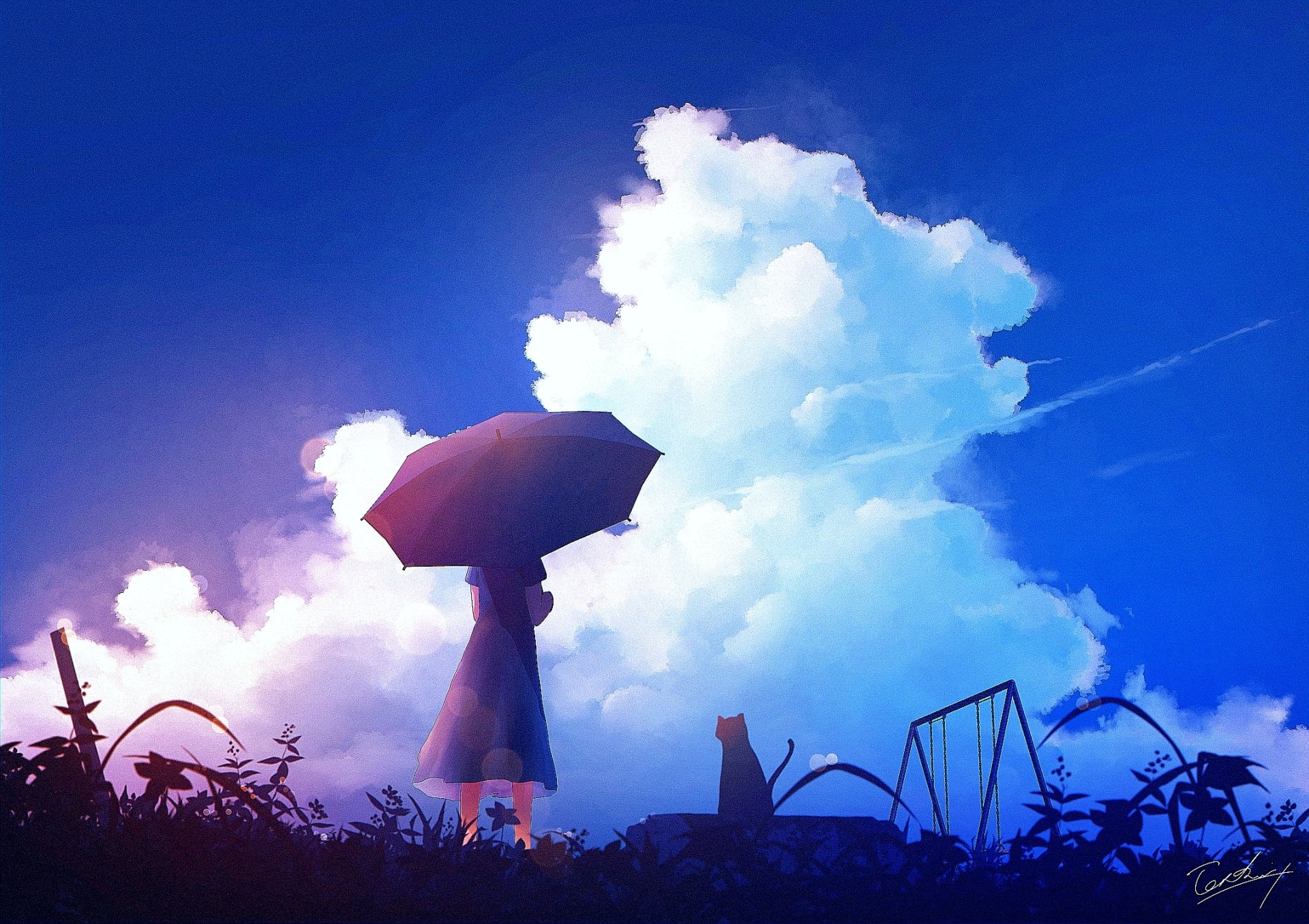 Download Parasol Sky Cloud Cat Anime Original HD Wallpaper by とちちま