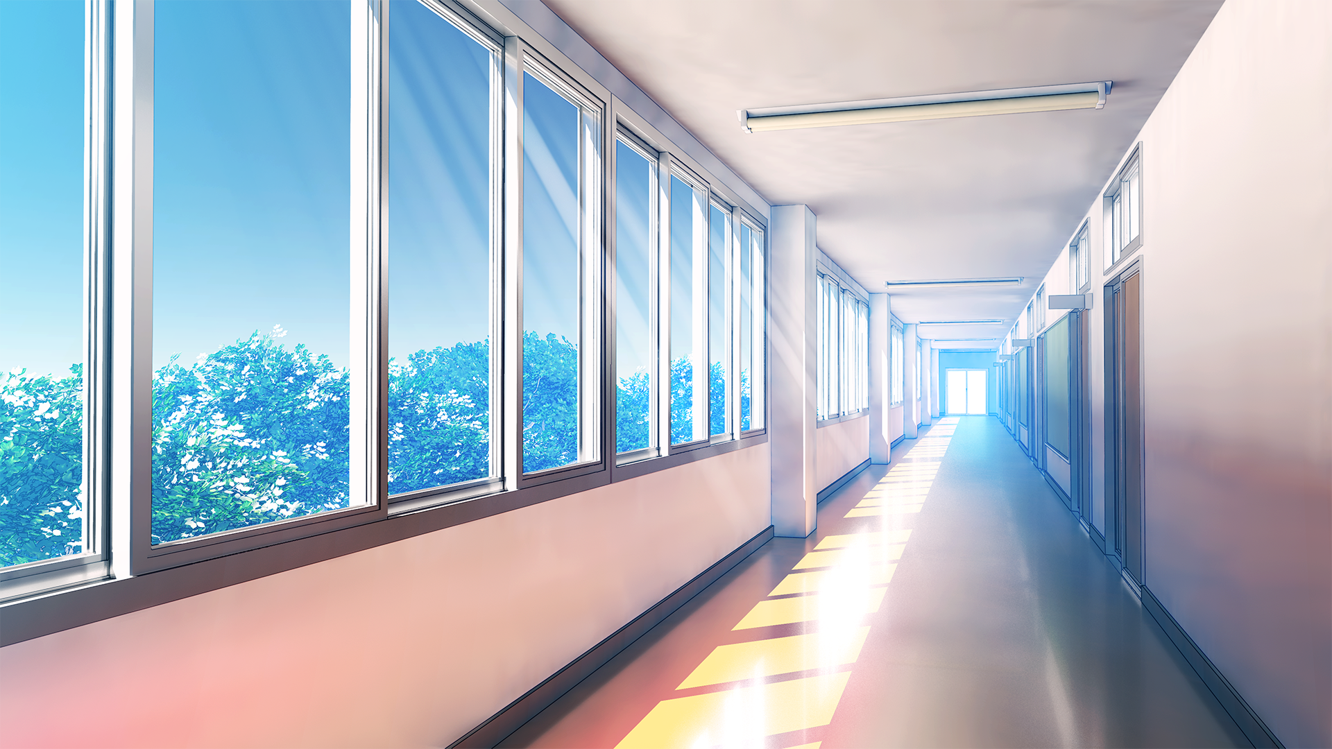 Bright sunbeams fill a long anime corridor overlooking lush summer trees, creating a serene and vibrant HD PC desktop wallpaper background.