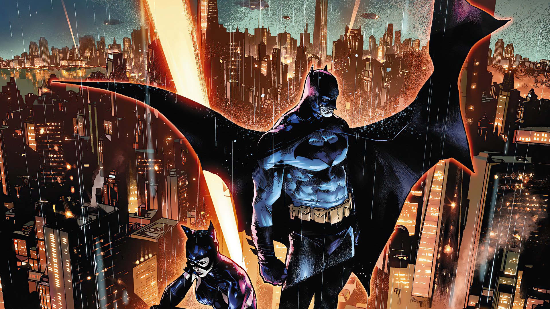 4K Ultra HD DC Comics wallpaper featuring Batman and Catwoman standing heroically against a glowing Gotham City skyline, showcasing iconic comic book artistry.