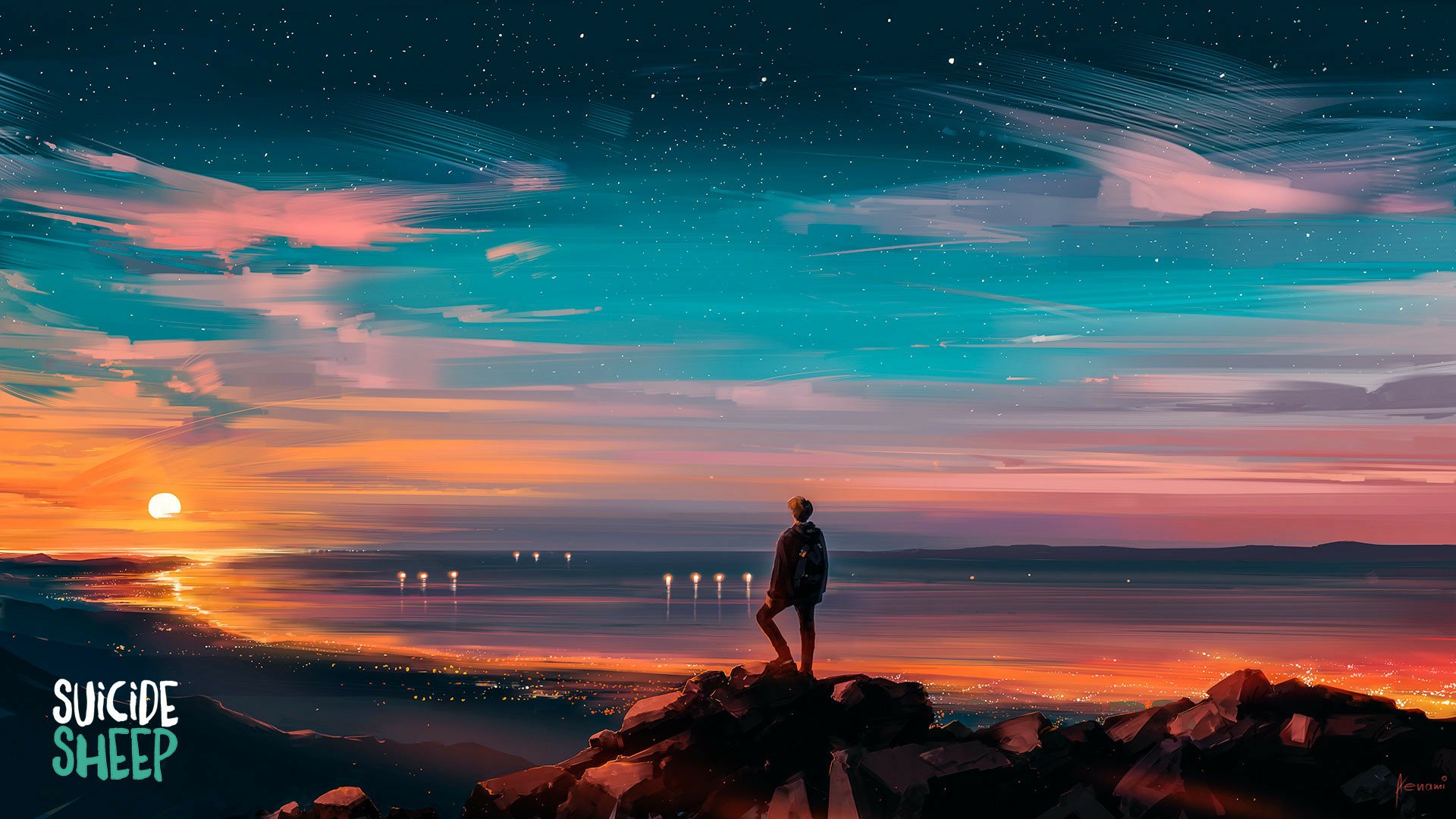 Artistic HD PC desktop wallpaper showing a person standing on rocky cliffs overlooking a colorful sunset over the ocean under a vibrant sky.