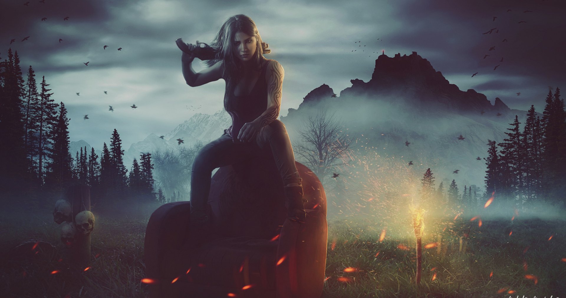 HD fantasy PC desktop wallpaper of a woman warrior perched atop a giant coiled serpent in a misty forest, torches and embers glowing against distant mountain silhouettes.