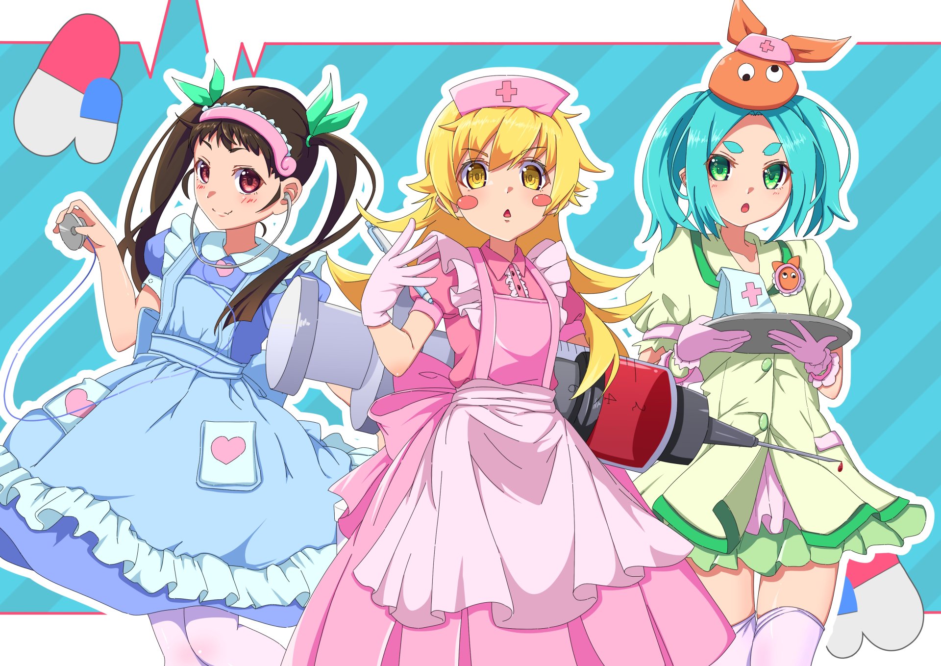 4K Ultra HD anime wallpaper featuring Mayoi Hachikuji, Shinobu Oshino, and Yotsugi Ononoki from the Monogatari series in colorful nurse-themed outfits.